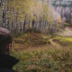 Z tyłu widok człowieka patrzącego na jesienne drzewa, stojącego na wzgórzu w lesie