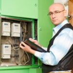 Elektryk przy inspekcji podłączenia okablowania linii elektroenergetycznej wysokiego napięcia w tablicy rozdzielczej