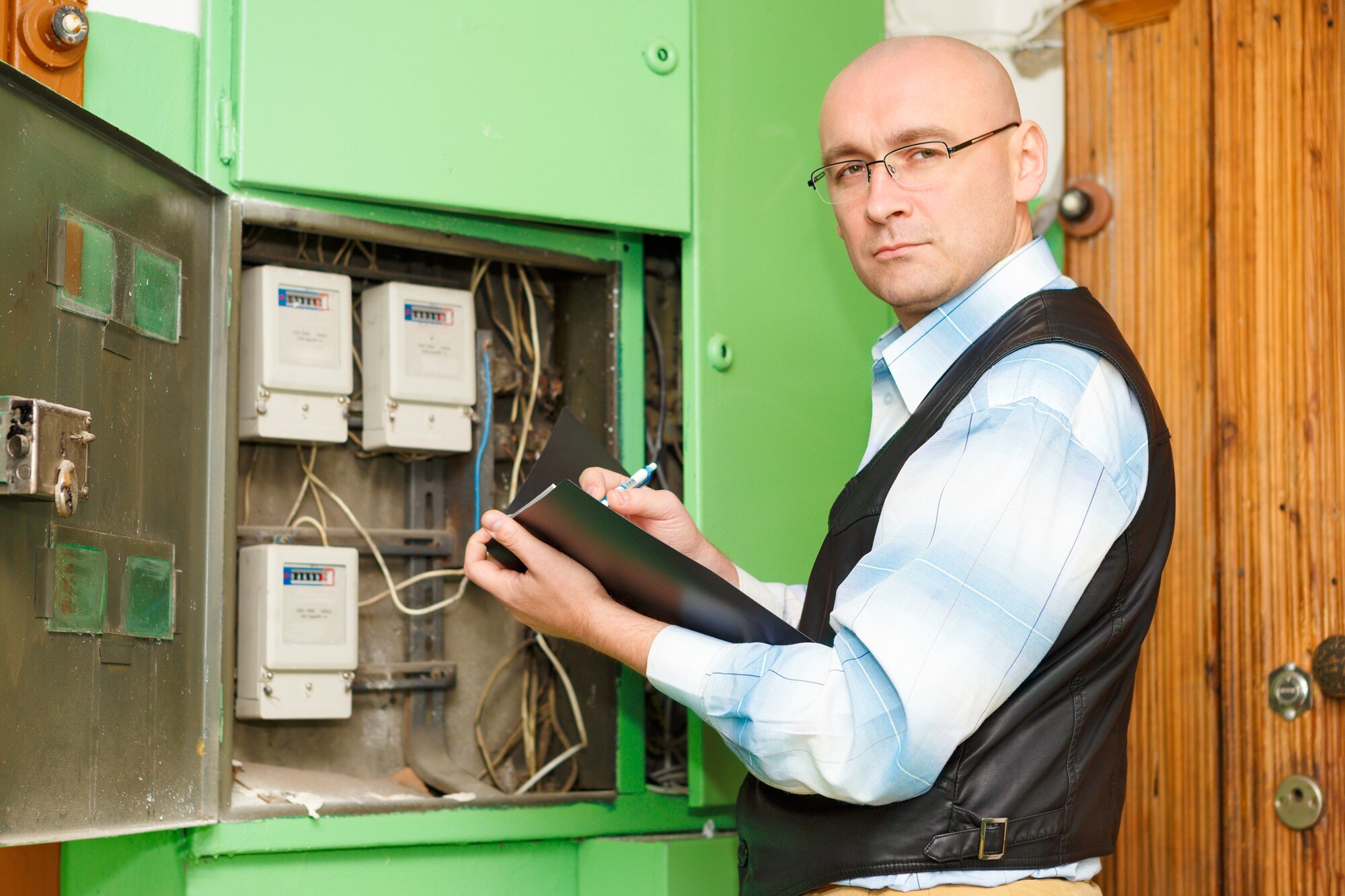 Elektryk przy inspekcji podłączenia okablowania linii elektroenergetycznej wysokiego napięcia w tablicy rozdzielczej