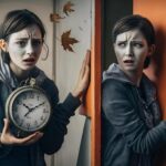 Młoda kobieta z krótkimi włosami nosząca szarą kurtkę trzymająca zegar ścienny patrząc na bok zaniepokojona stojąca o