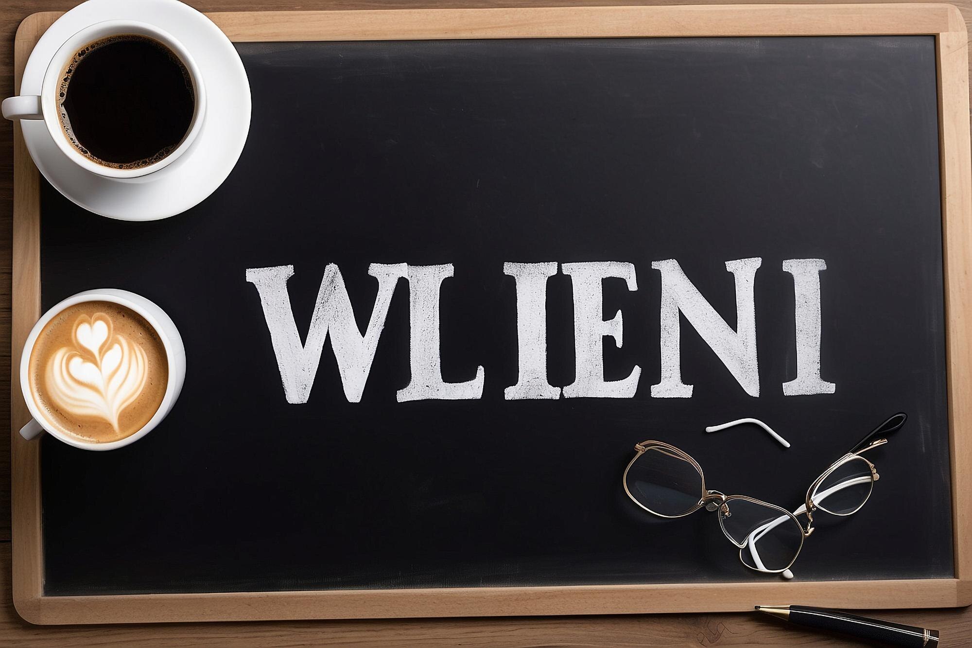 Słowo klienta na tablicy z kubkiem kawy i okularami widokiem z góry