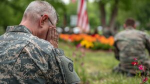 Mężczyzna w mundurze wojskowym modli się z rękami za plecami.