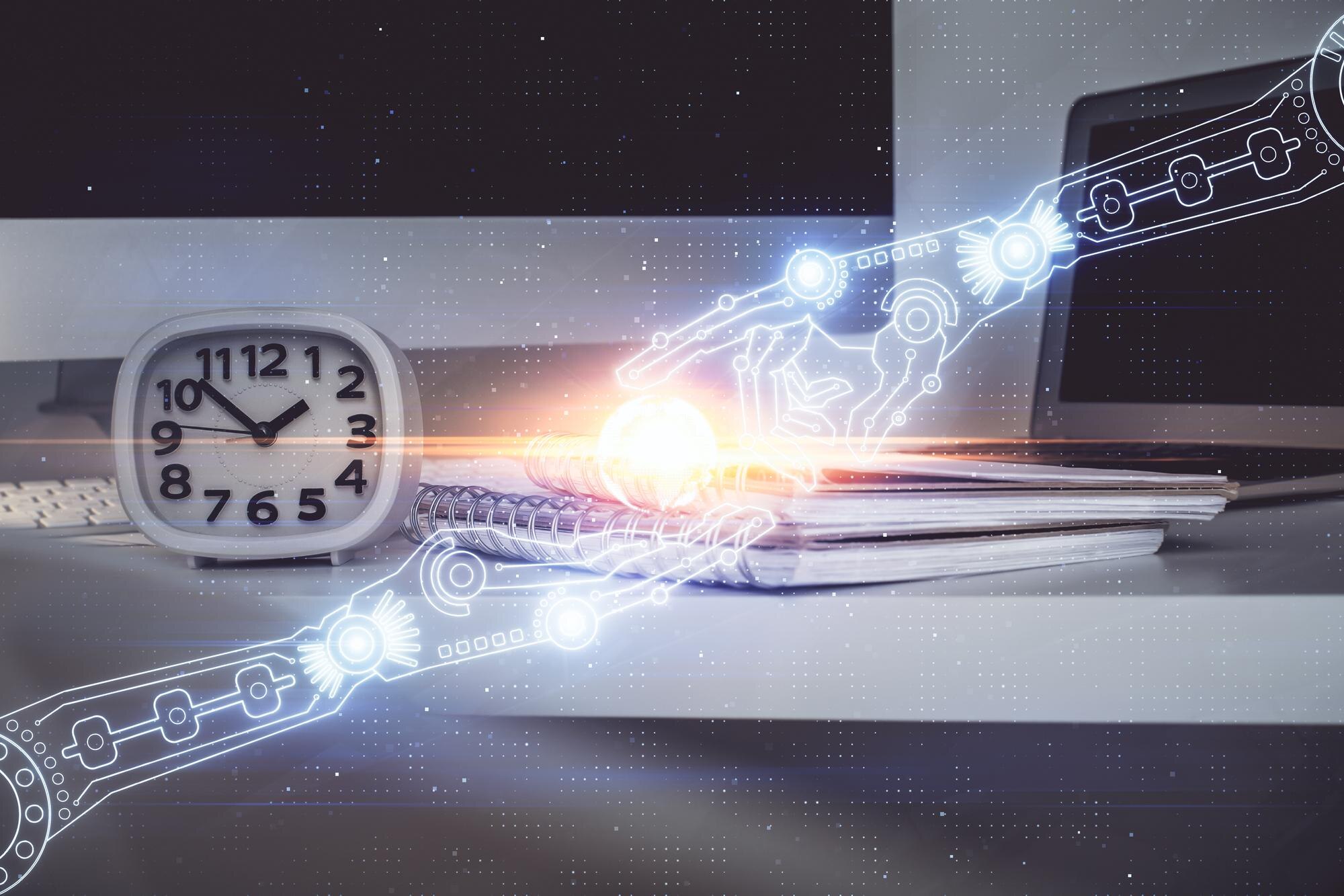 Rysunek na temat technologii i przestrzeń robocza z komputerem Wielokrotna ekspozycja Koncepcja innowacji