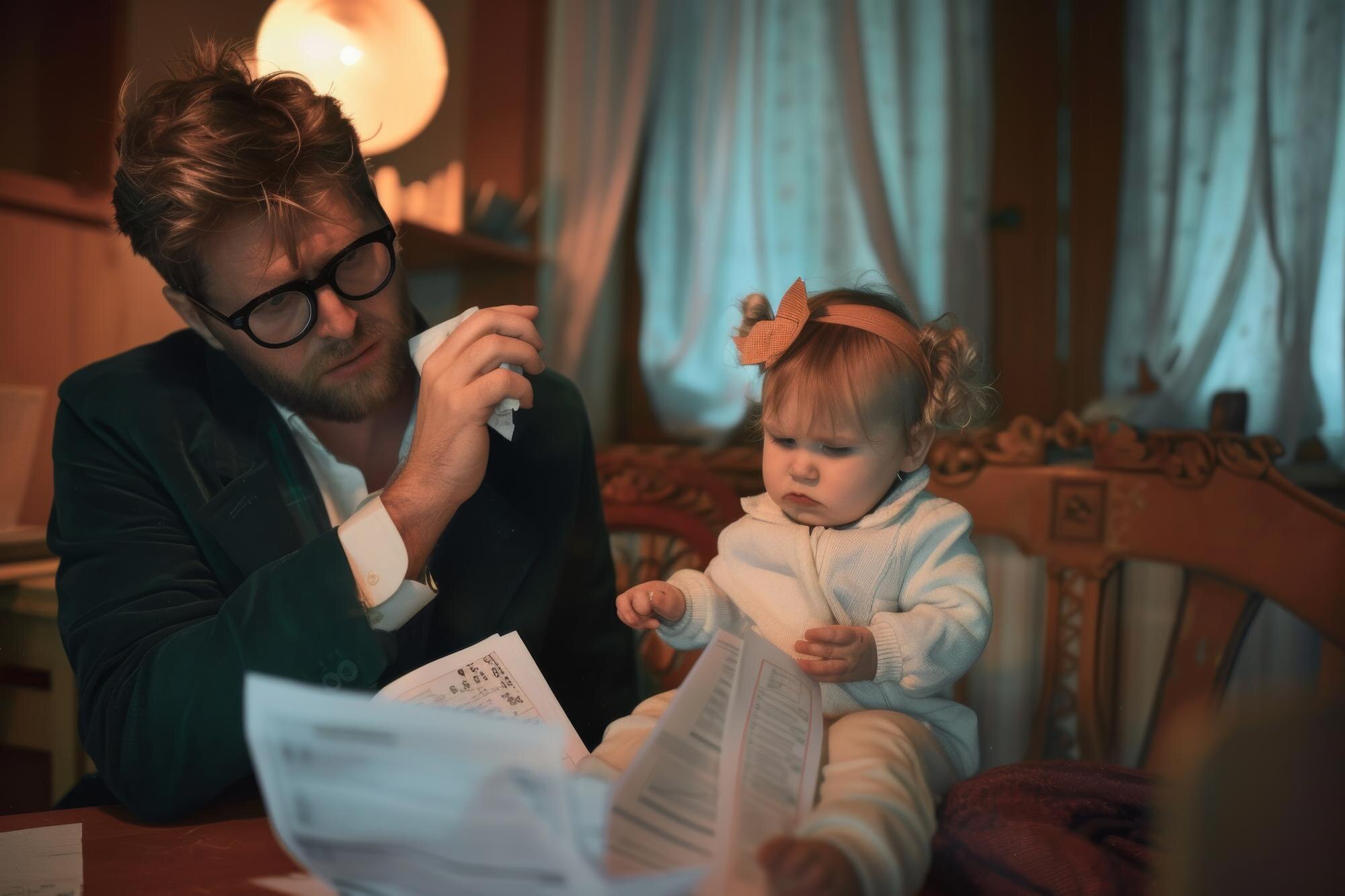 Zaniepokojony mężczyzna z małą dziewczynką sprawdzający rachunki sfrustrowany wysokimi cenami i mającymi problemy finansowe