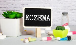 Eczema Lekarz z tablicą na białym tle
