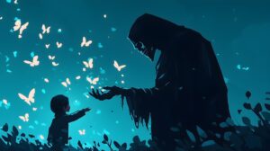 The Grim Reaper39s Ethereal AllureGlowing Butterflies Enchant a Captivated Child