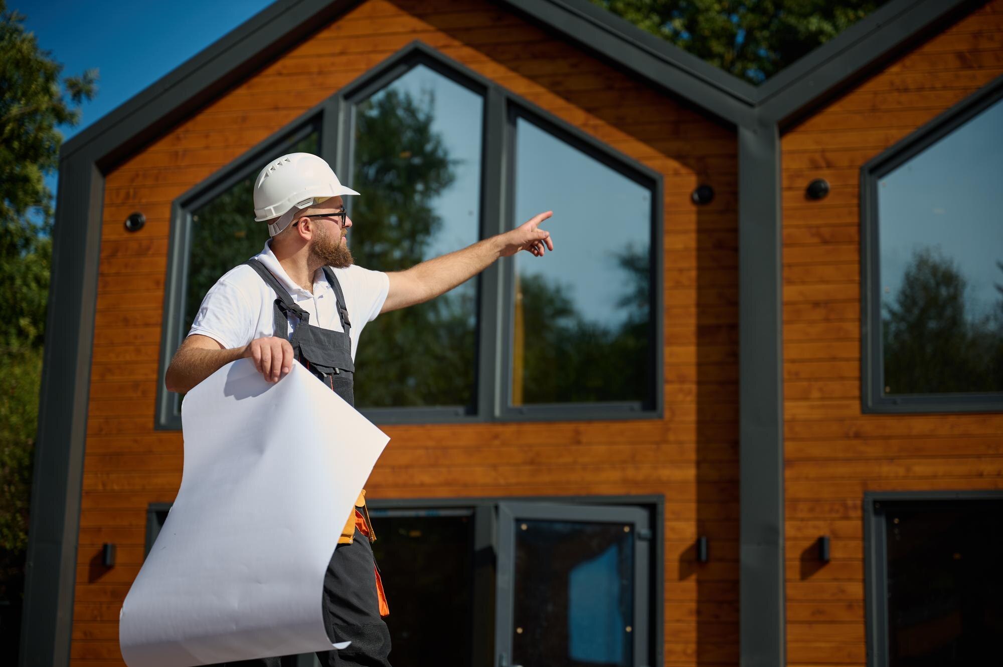 Architekt w kapeluszu trzymający projekty planów papierowych stojący w pobliżu nowoczesnych domów
