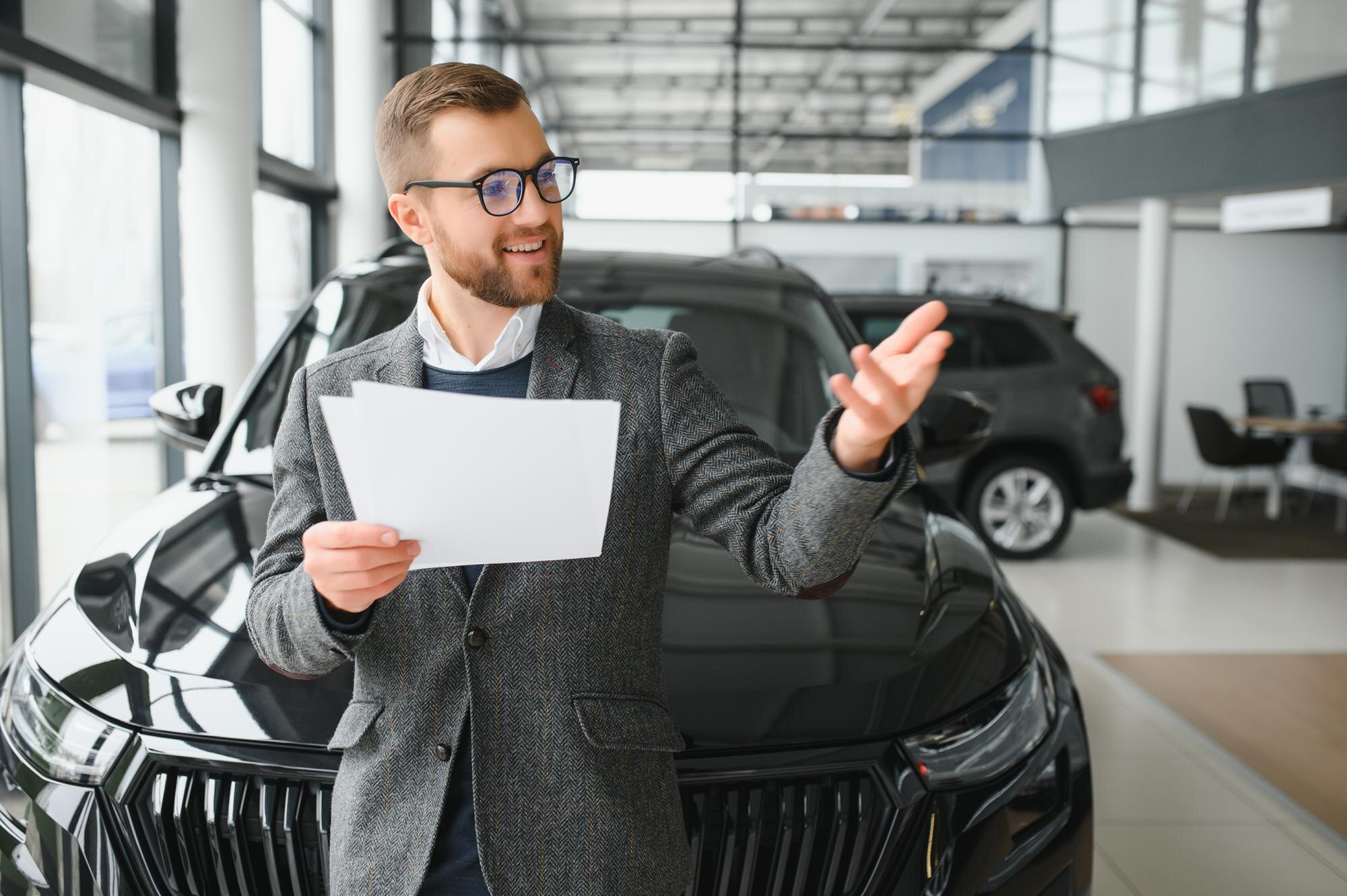 Męski klient kupujący mężczyzna w garniturze wybiera auto, aby odwrócić wzrok chce kupić nowy samochód w salonie samochodowym salon samochodowy salon dealerski sklep motoryzacyjny kryty koncepcja sprzedaży