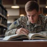 Weteran studiujący w bibliotece uniwersyteckiej równoważący obowiązki akademickie przystosowując się do życia cywilnego