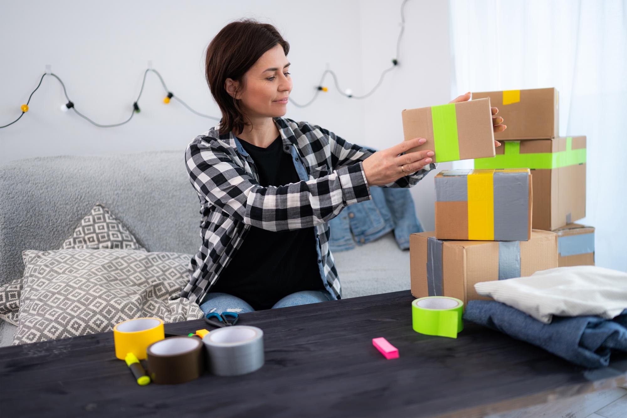 Girl prepares packages for delivery representing a small business at home