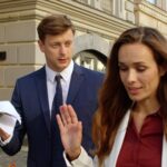 Para Closeup omawianie dokumentów na ulicy M??czyzna i kobieta mówi chodniku