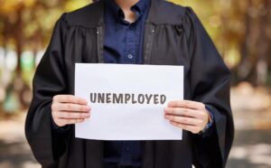Charakter zatrudnienia i prawnik z dokumentem do rekrutacji lub absolwent prawa w przyrodzie Pokazywanie bezrobotnego i rąk legalnego pracownika ze znakiem do zawodowej kariery prawniczej
